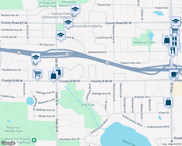 map of restaurants, bars, coffee shops, grocery stores, and more near 2200 Cohansey Boulevard in Roseville