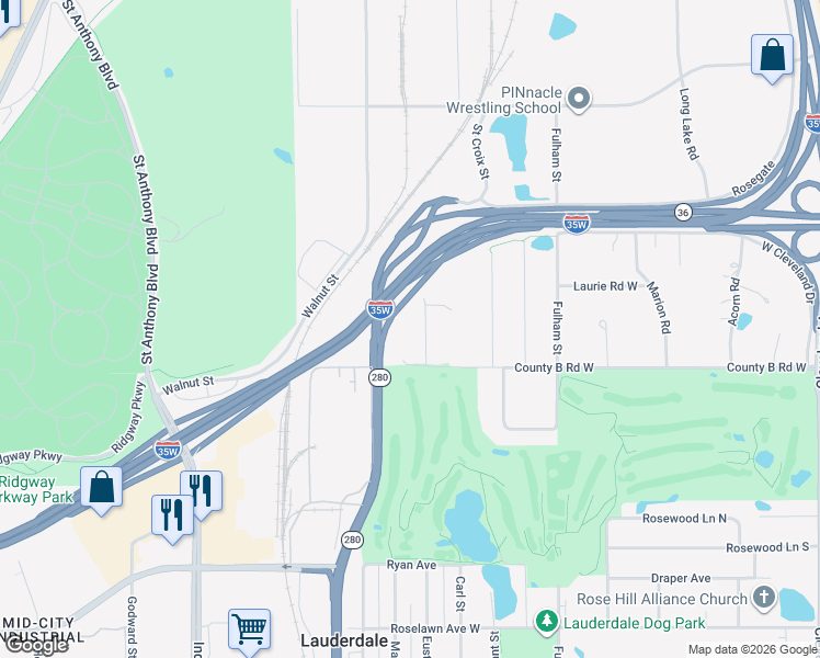 map of restaurants, bars, coffee shops, grocery stores, and more near 2201 North Eustis Street in Roseville