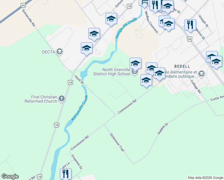 map of restaurants, bars, coffee shops, grocery stores, and more near 18 Berg Crescent in North Grenville