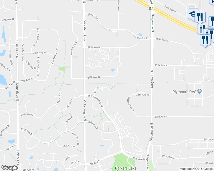 map of restaurants, bars, coffee shops, grocery stores, and more near 15640 25th Place North in Minneapolis
