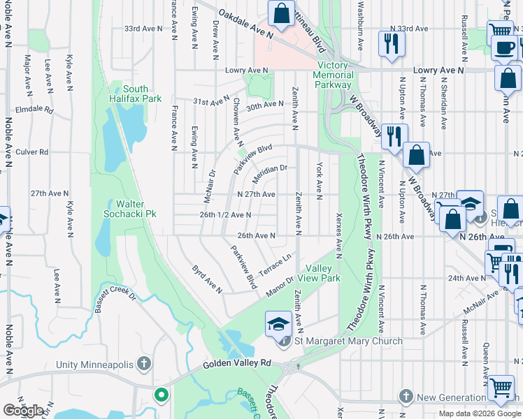 map of restaurants, bars, coffee shops, grocery stores, and more near 2663 Meridian Drive in Minneapolis