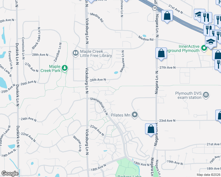 map of restaurants, bars, coffee shops, grocery stores, and more near 15640 25th Place North in Minneapolis
