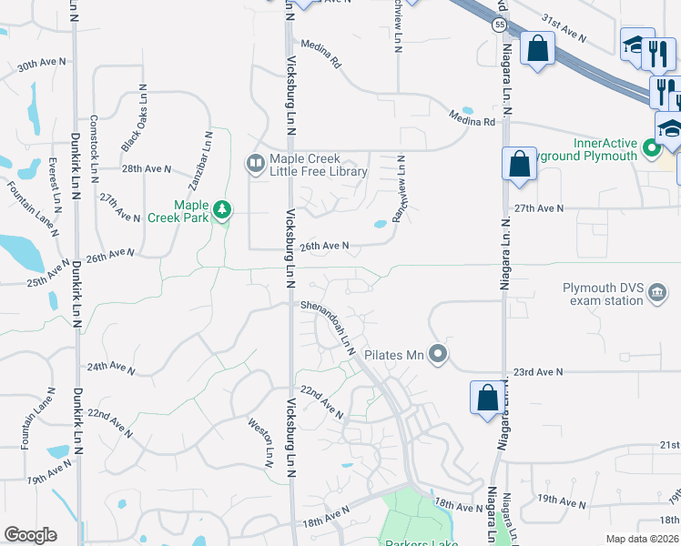 map of restaurants, bars, coffee shops, grocery stores, and more near 15705 26th Avenue North in Minneapolis