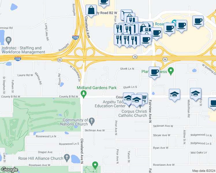 map of restaurants, bars, coffee shops, grocery stores, and more near 2174 Ferris Lane in Roseville