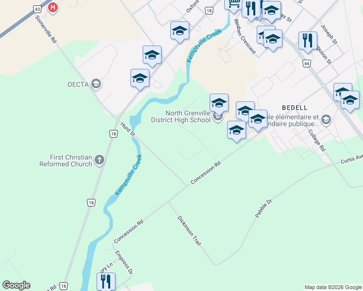 map of restaurants, bars, coffee shops, grocery stores, and more near 18 Berg Crescent in North Grenville