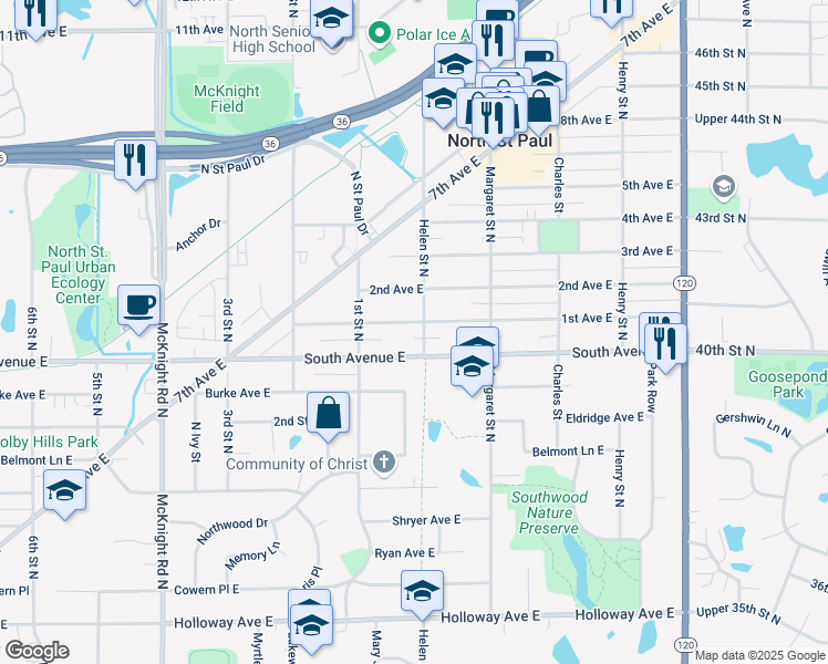 map of restaurants, bars, coffee shops, grocery stores, and more near 2487 1st Avenue East in North Saint Paul