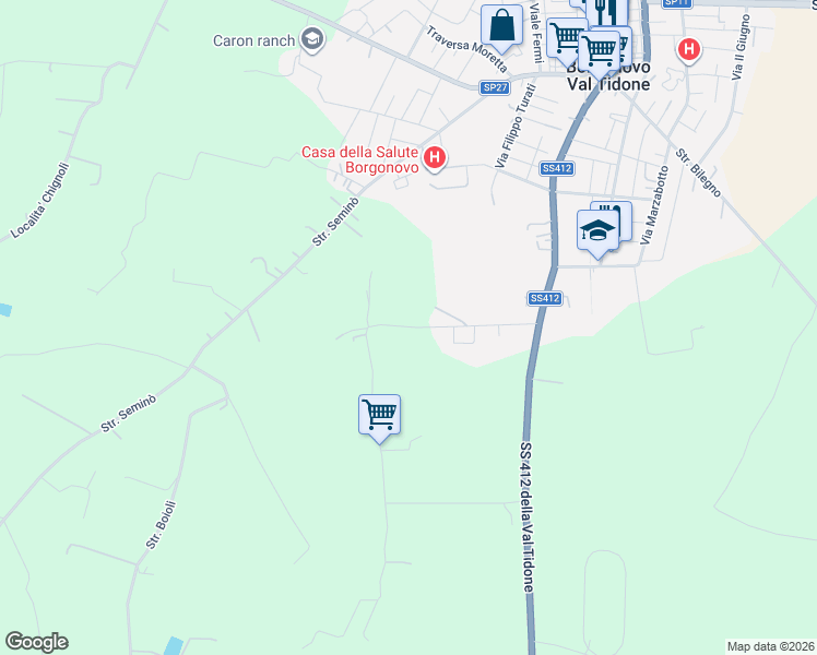 map of restaurants, bars, coffee shops, grocery stores, and more near 207 Strada San Biagio in Provincia di Piacenza