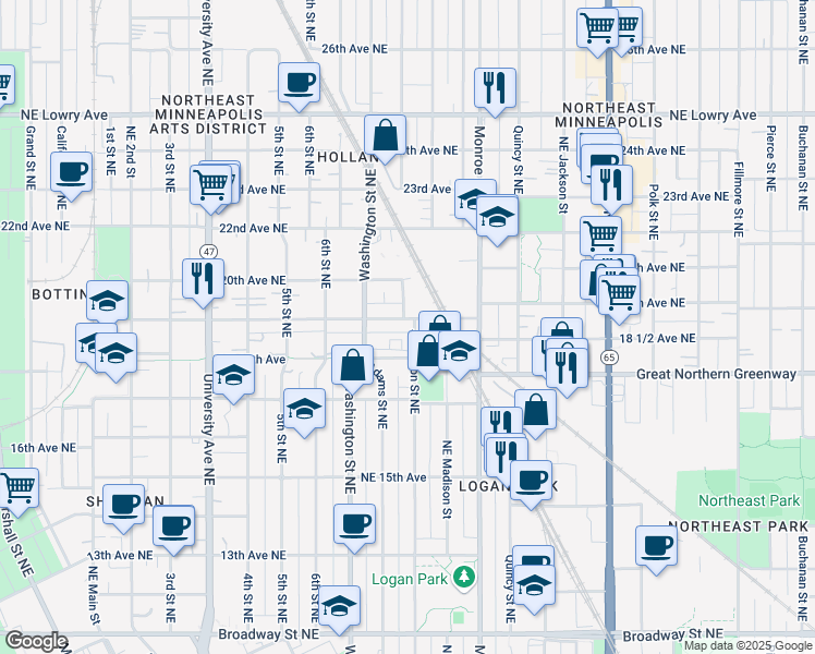 map of restaurants, bars, coffee shops, grocery stores, and more near 654 19th Avenue Northeast in Minneapolis