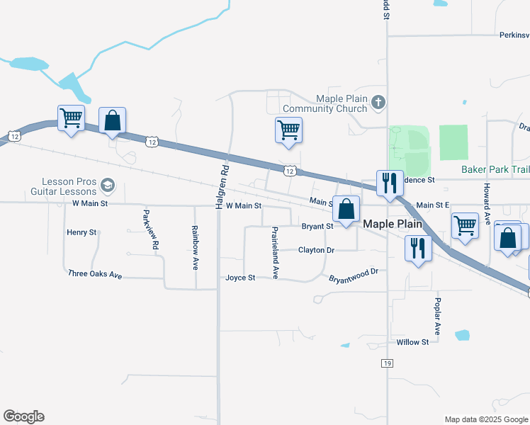 map of restaurants, bars, coffee shops, grocery stores, and more near 5485 Main Street East in Maple Plain
