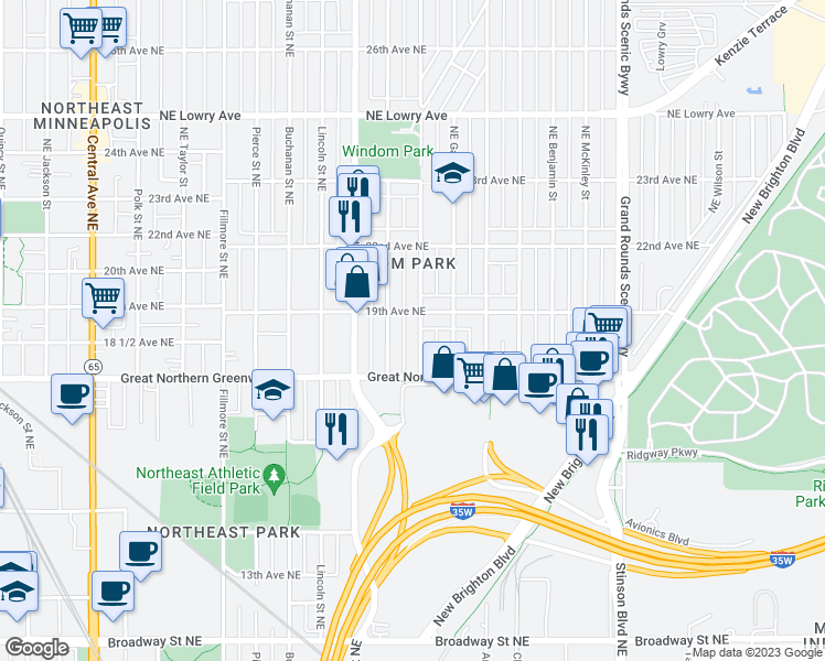 map of restaurants, bars, coffee shops, grocery stores, and more near 1838 Hayes Street Northeast in Minneapolis