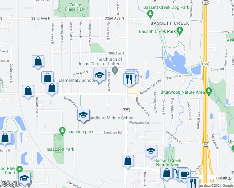 map of restaurants, bars, coffee shops, grocery stores, and more near 6410 27th Avenue North in Golden Valley
