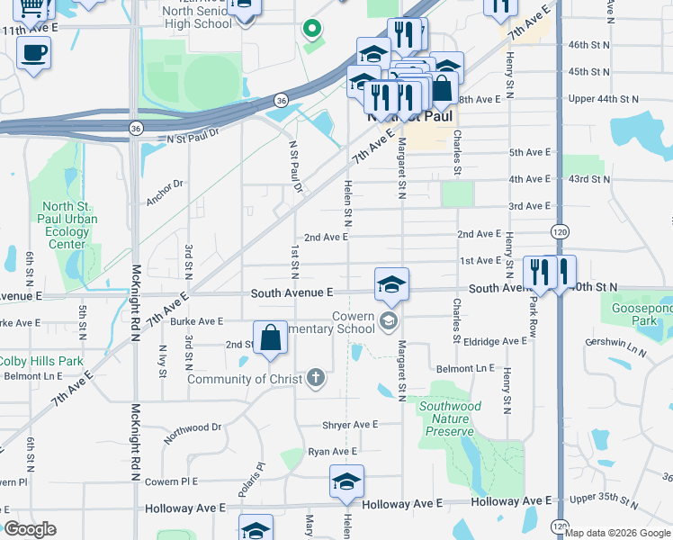 map of restaurants, bars, coffee shops, grocery stores, and more near 2487 1st Avenue East in North Saint Paul