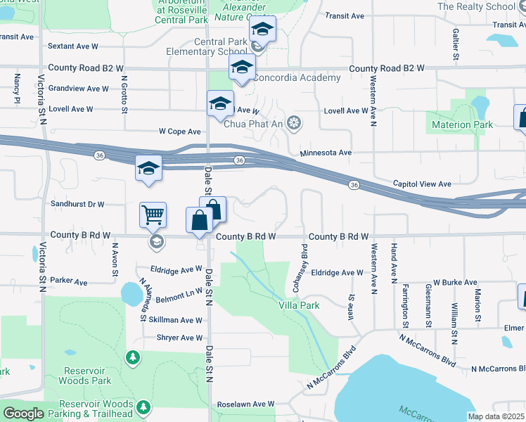 map of restaurants, bars, coffee shops, grocery stores, and more near 560 Sandhurst Drive West in Roseville