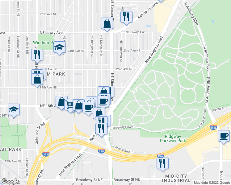 map of restaurants, bars, coffee shops, grocery stores, and more near 1835 Northeast Stinson Boulevard in Minneapolis