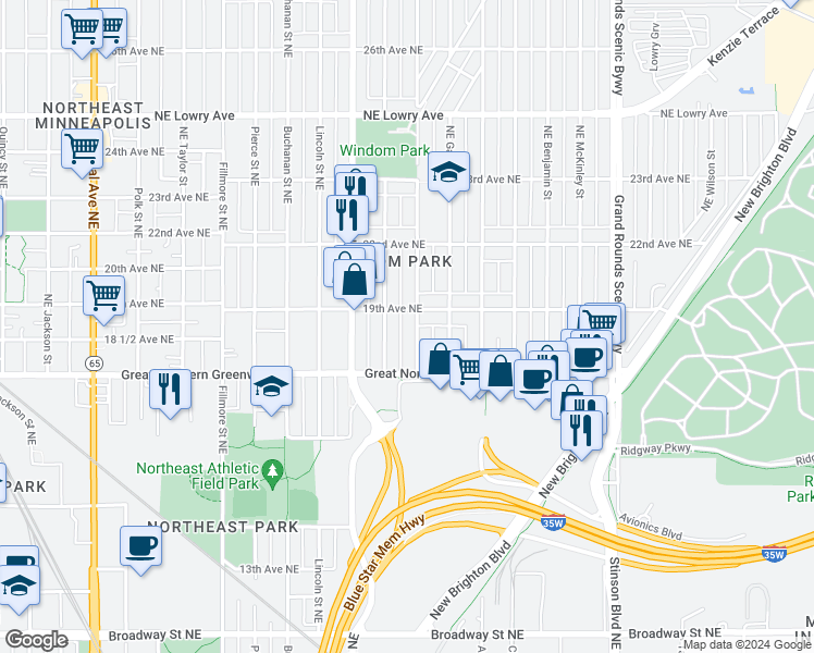 map of restaurants, bars, coffee shops, grocery stores, and more near 1849 Ulysses Street Northeast in Minneapolis