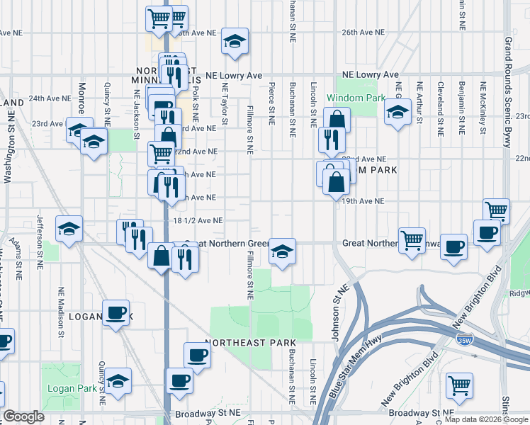 map of restaurants, bars, coffee shops, grocery stores, and more near 1214 19th Avenue Northeast in Minneapolis