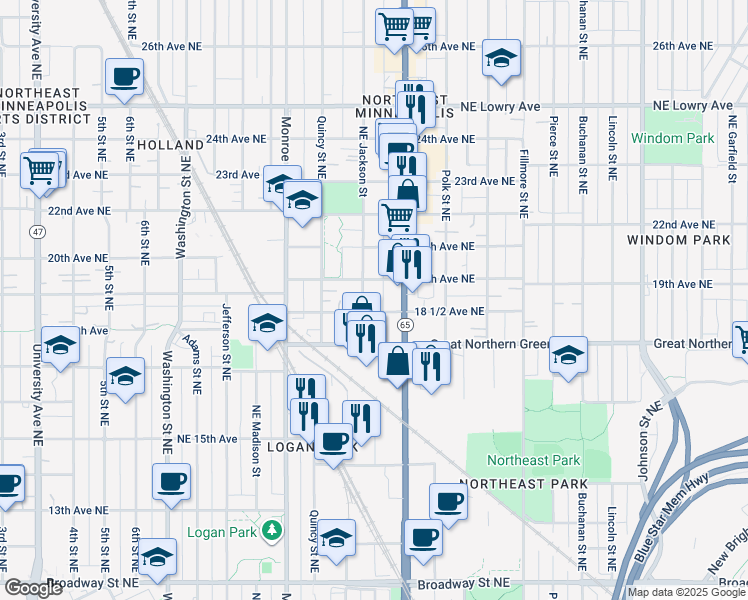 map of restaurants, bars, coffee shops, grocery stores, and more near 1847 Northeast Jackson Street in Minneapolis