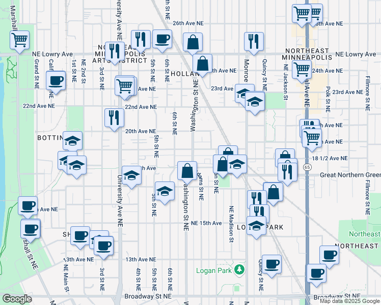 map of restaurants, bars, coffee shops, grocery stores, and more near 636 19th Avenue Northeast in Minneapolis