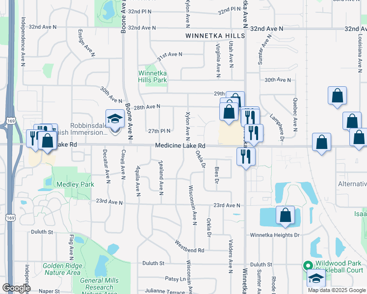 map of restaurants, bars, coffee shops, grocery stores, and more near 2701 Xylon Avenue North in Minneapolis