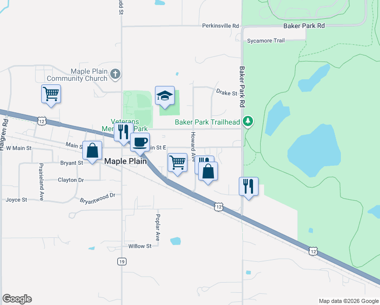 map of restaurants, bars, coffee shops, grocery stores, and more near 4945 Main Street East in Maple Plain