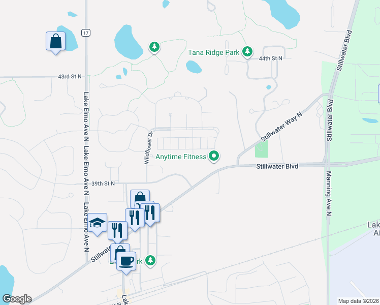 map of restaurants, bars, coffee shops, grocery stores, and more near 11472 Sunflower Lane North in Lake Elmo
