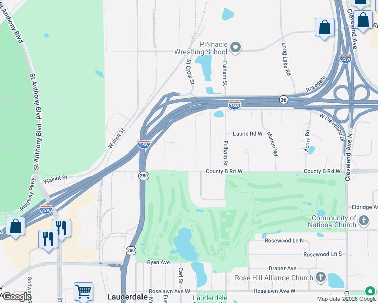 map of restaurants, bars, coffee shops, grocery stores, and more near 2195 Saint Croix Street in Roseville