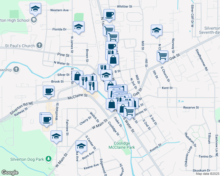 map of restaurants, bars, coffee shops, grocery stores, and more near 410 North Water Street in Silverton