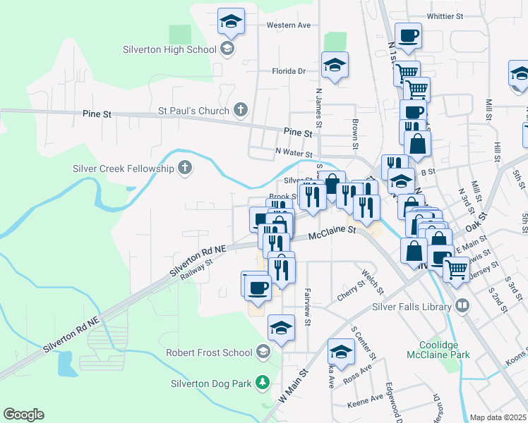 map of restaurants, bars, coffee shops, grocery stores, and more near 327-329 Fossholm Street Northeast in Silverton