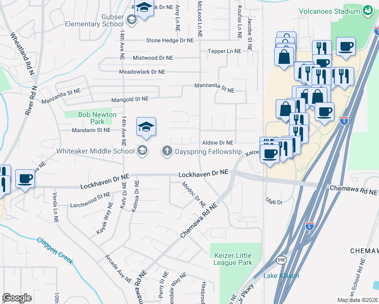 map of restaurants, bars, coffee shops, grocery stores, and more near 1977 Madalyn Court Northeast in Keizer