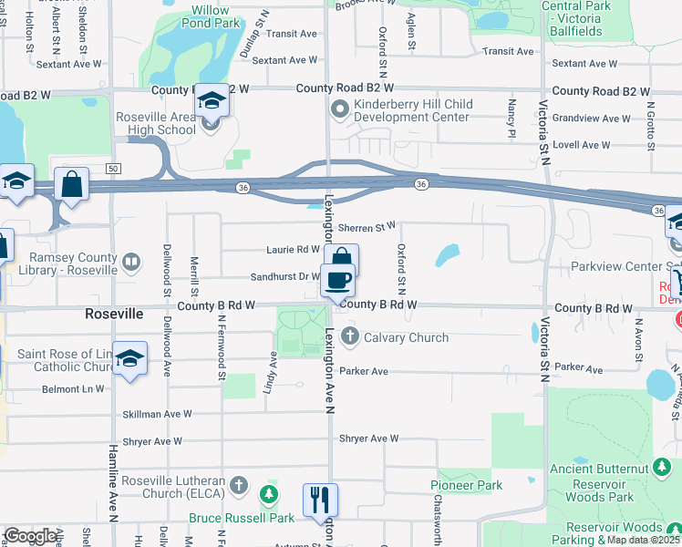 map of restaurants, bars, coffee shops, grocery stores, and more near 2192 Lexington Avenue North in Roseville