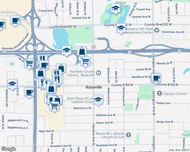 map of restaurants, bars, coffee shops, grocery stores, and more near 2180 Hamline Avenue North in Roseville