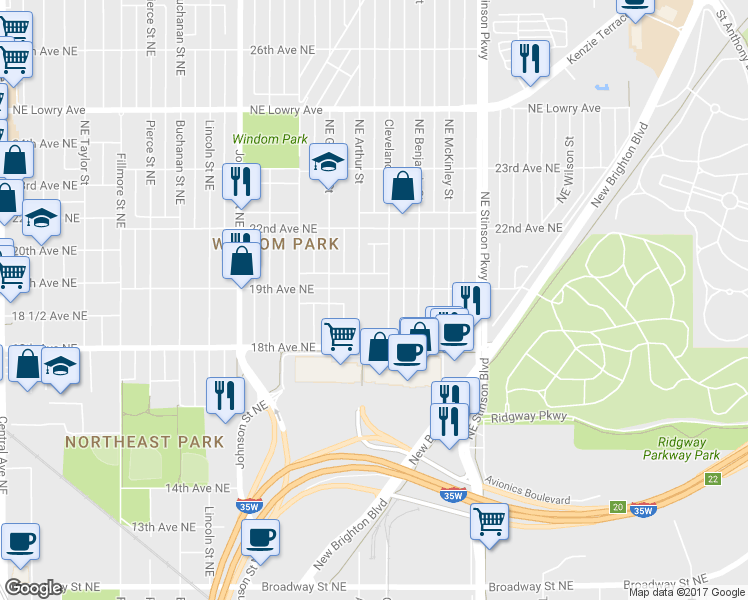 map of restaurants, bars, coffee shops, grocery stores, and more near 2010 19th Avenue Northeast in Minneapolis