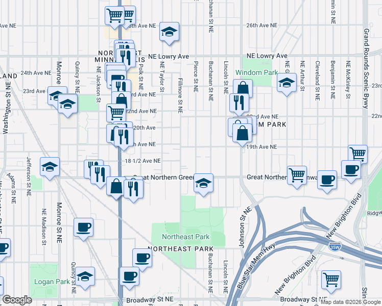 map of restaurants, bars, coffee shops, grocery stores, and more near 1214 19th Avenue Northeast in Minneapolis