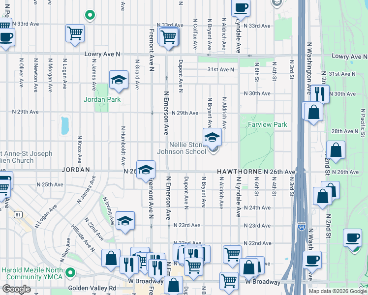 map of restaurants, bars, coffee shops, grocery stores, and more near 2654 Dupont Avenue North in Minneapolis
