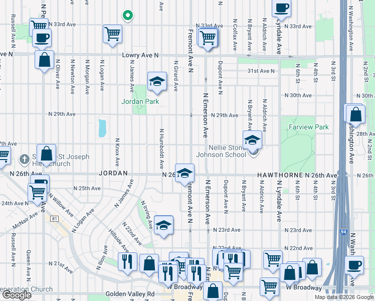 map of restaurants, bars, coffee shops, grocery stores, and more near 2650 North Fremont Avenue in Minneapolis
