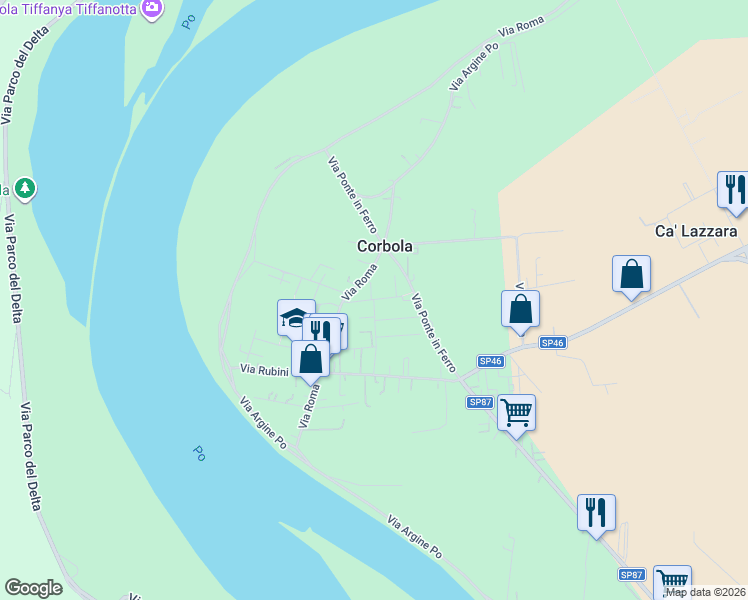 map of restaurants, bars, coffee shops, grocery stores, and more near 60 Via Alcide De Gasperi in Corbola