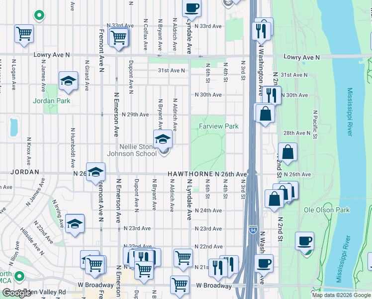 map of restaurants, bars, coffee shops, grocery stores, and more near 2645 North Lyndale Avenue in Minneapolis