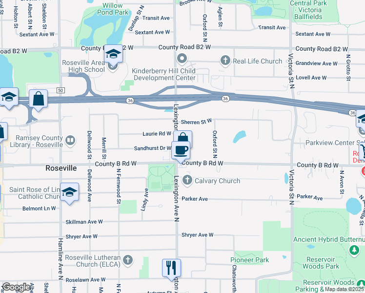 map of restaurants, bars, coffee shops, grocery stores, and more near 2192 Lexington Avenue North in Roseville