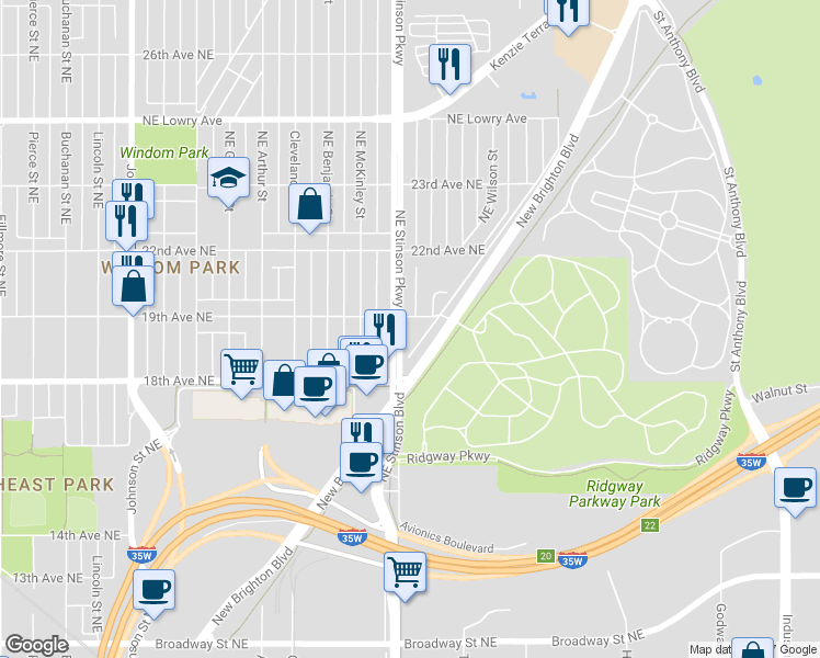 map of restaurants, bars, coffee shops, grocery stores, and more near 1835 Northeast Stinson Boulevard in Minneapolis