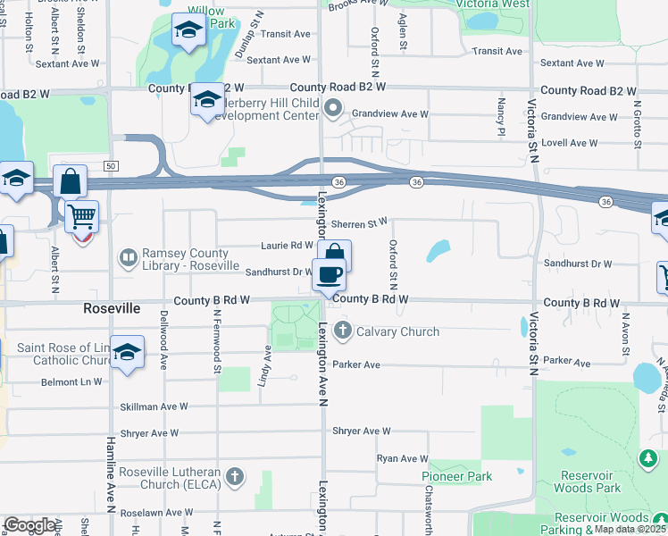 map of restaurants, bars, coffee shops, grocery stores, and more near 2192 Lexington Avenue North in Roseville