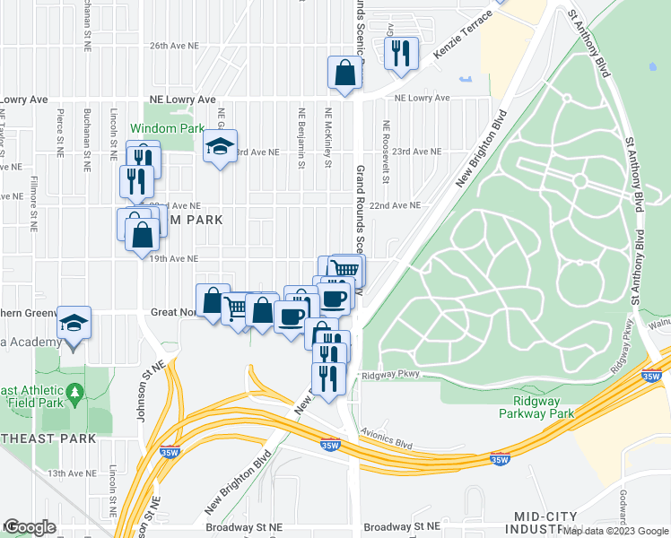 map of restaurants, bars, coffee shops, grocery stores, and more near 2308 19th Avenue Northeast in Minneapolis