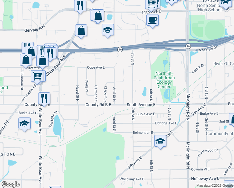 map of restaurants, bars, coffee shops, grocery stores, and more near 2206 Ariel Street in North Saint Paul