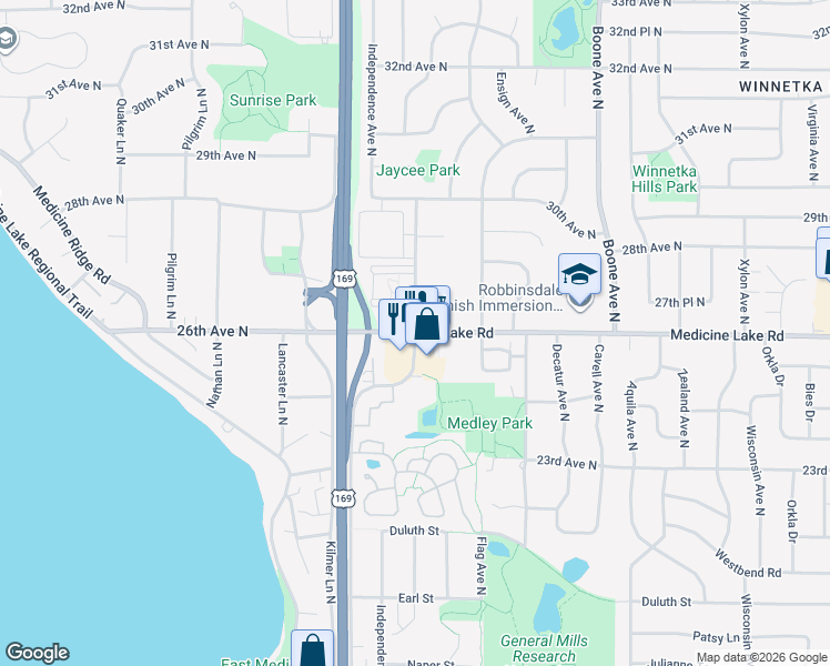 map of restaurants, bars, coffee shops, grocery stores, and more near Medicine Lake Rd & Hillsboro Ave N in Minneapolis