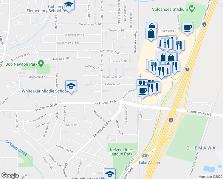 map of restaurants, bars, coffee shops, grocery stores, and more near 2167 Dennis Ray Avenue Northeast in Keizer