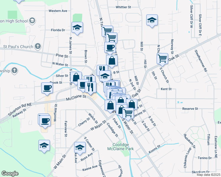 map of restaurants, bars, coffee shops, grocery stores, and more near 410 North Water Street in Silverton