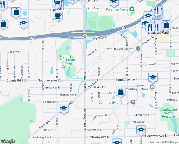 map of restaurants, bars, coffee shops, grocery stores, and more near 2279 Polar Way in Saint Paul