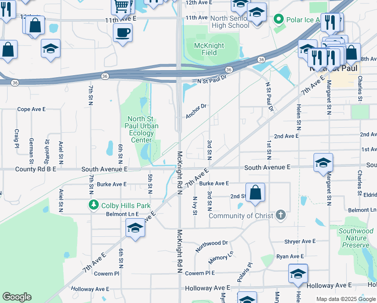 map of restaurants, bars, coffee shops, grocery stores, and more near 2279 Polar Way in Saint Paul