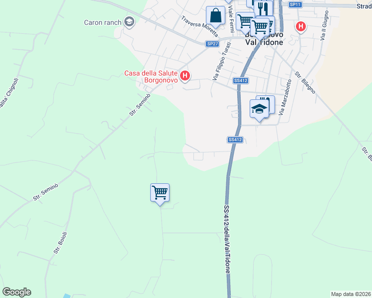 map of restaurants, bars, coffee shops, grocery stores, and more near 207 Strada San Biagio in Provincia di Piacenza