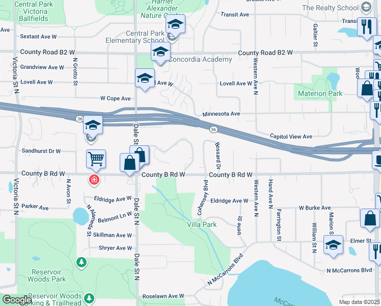 map of restaurants, bars, coffee shops, grocery stores, and more near 550 Sandhurst Drive West in Roseville