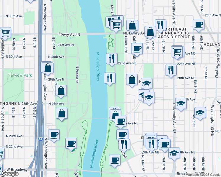 map of restaurants, bars, coffee shops, grocery stores, and more near 2519 Marshall Street Northeast in Minneapolis